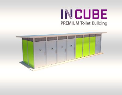 Incube modern toilet building us available in a range of material colour finished.